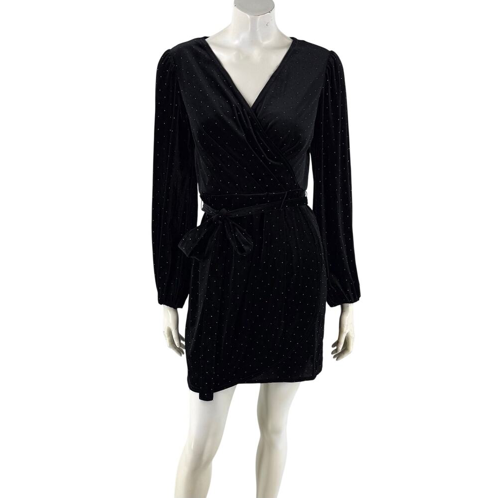 Nine West Dress Size Medium Black Silver Studded Velour Tie Waist Faux Wrap